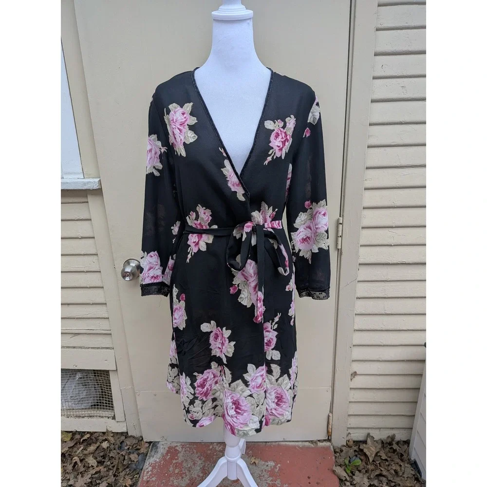 Oscar de la Renta Pink Label Vintage Black‎ Floral Kimono Robe Small